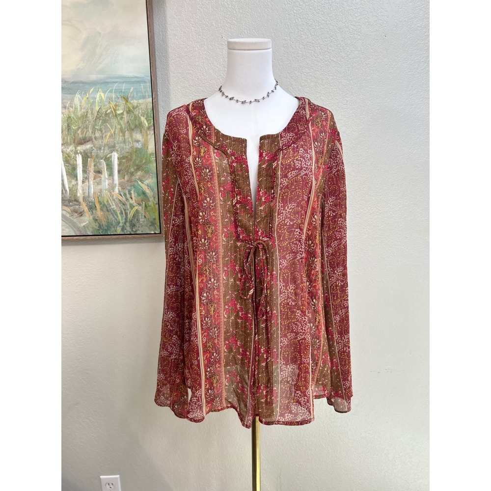 Boho‎ Floral Paisley Chiffon Metallic Tie Front Blouse